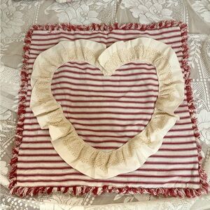 Striped Heart Ruffle Pillow Cover in Red and Cream